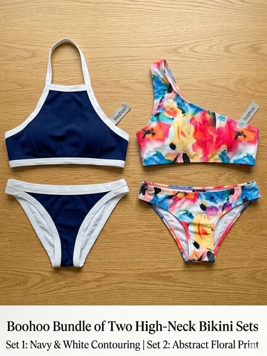 Boohoo Other - Boohoo Bundle Of Bikini’s Size Small. Navy White Halter Top/Floral One Shoulder